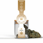 Produktetikett der CBD-Blüten OG Kush – detaillierte Informationen zu Herkunft, Inhalt und Qualität.
