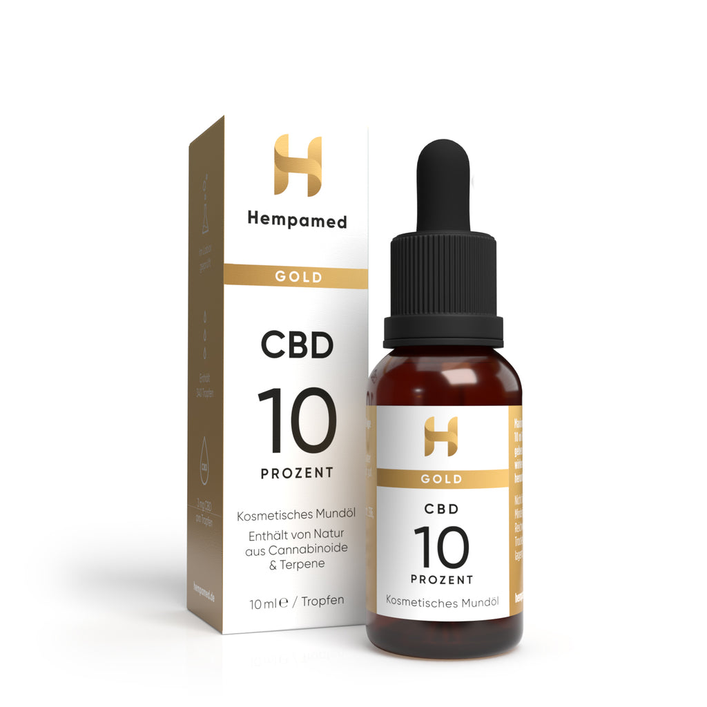 Verpackung: Hempamed Gold CBD Öl 10%, Produktbox und Flasche im Fokus.