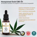 Grafik: Vorteile des Hempamed Gold CBD Öls 10%, Übersicht der positiven Aspekte.