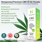 Grafik: Vorteile des Hempamed CBD Öls für Hunde mit Hanf, Übersicht der positiven Effekte.