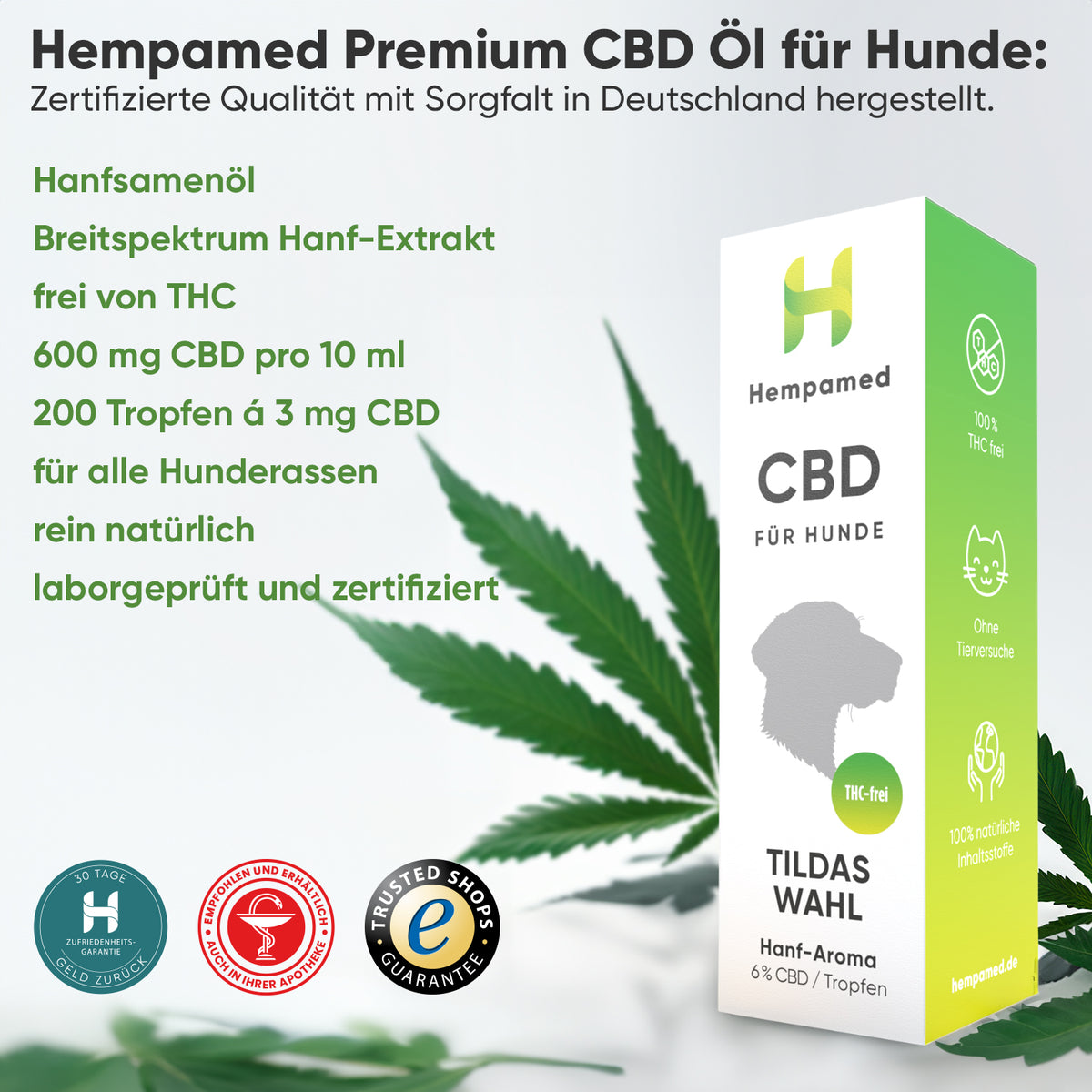 Grafik: Vorteile des Hempamed CBD Öls für Hunde mit Hanf, Übersicht der positiven Effekte.