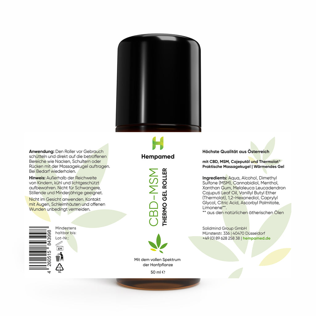 Produktfoto: Etikett des Hempamed CBD-MSM Thermo Gel Rollers, Detailansicht der Produktinformationen.
