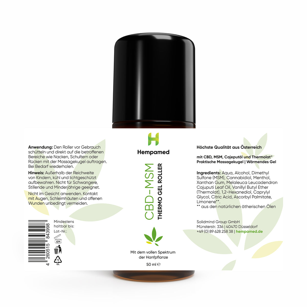 Produktfoto: Etikett des Hempamed CBD-MSM Thermo Gel Rollers, Detailansicht der Produktinformationen.
