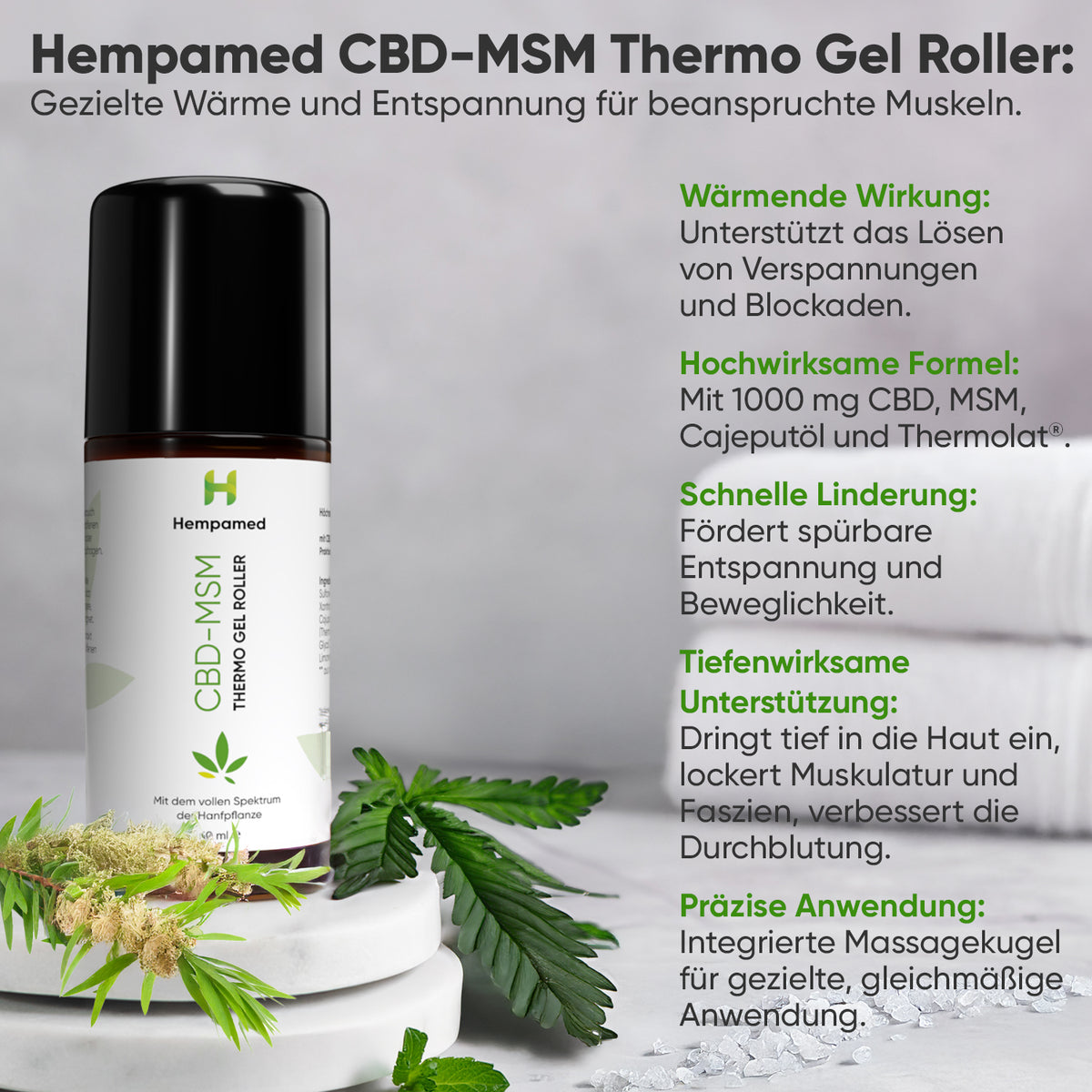 Grafik: Vorteile des Hempamed CBD-MSM Thermo Gel Rollers, Übersicht der positiven Eigenschaften.

