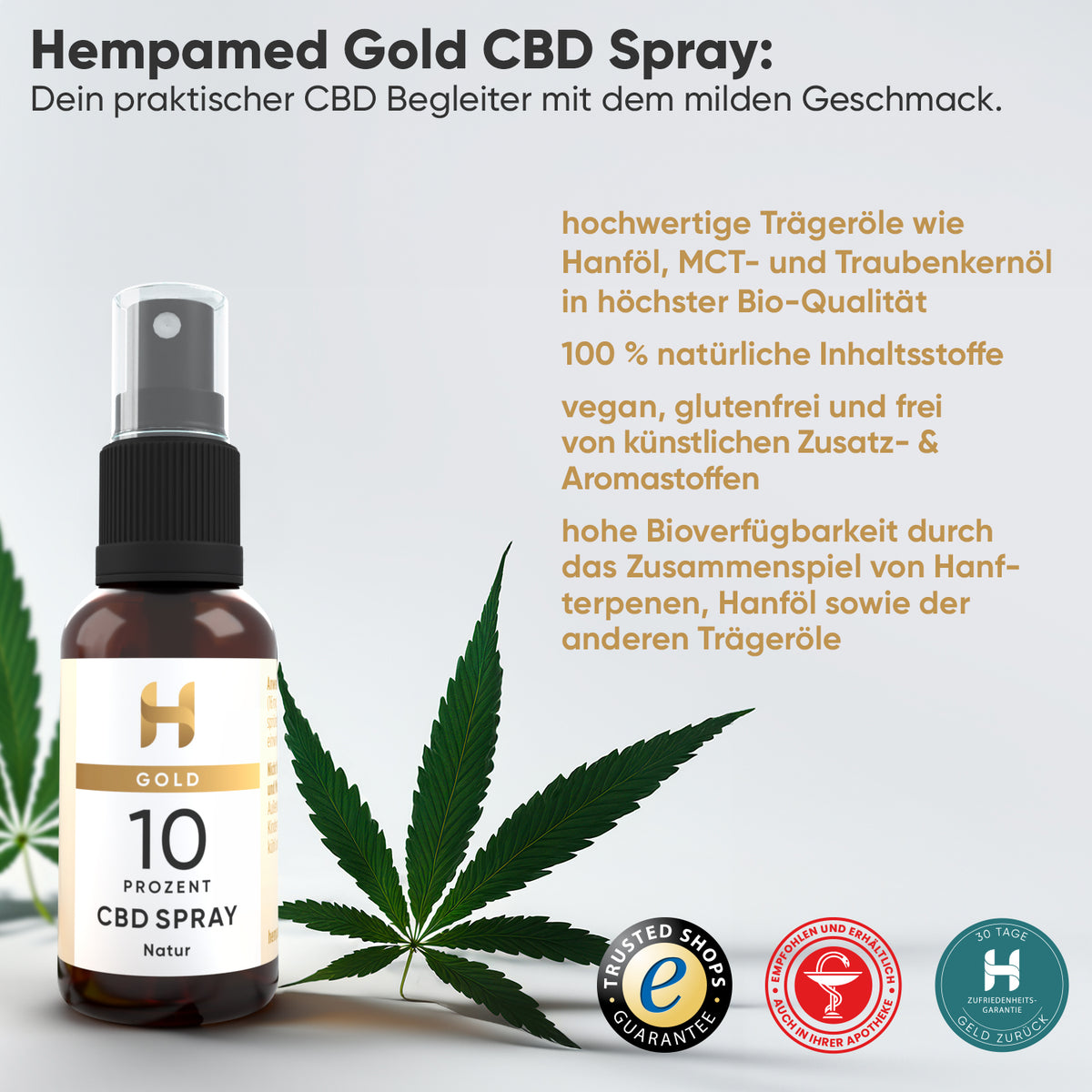 Grafik: Vorteile des Hempamed Gold CBD Mundsprays, Übersicht der positiven Eigenschaften.