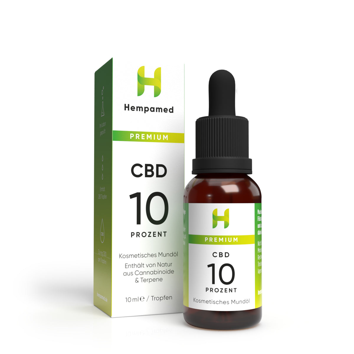 Verpackung: Hempamed Premium CBD Öl 10%, Produktbox und Flasche im Detail.