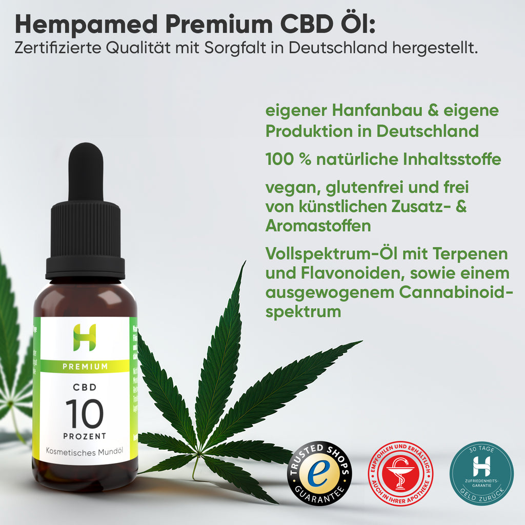 Grafik: Vorteile des Hempamed Premium CBD Öls 10%, Übersicht der positiven Aspekte.