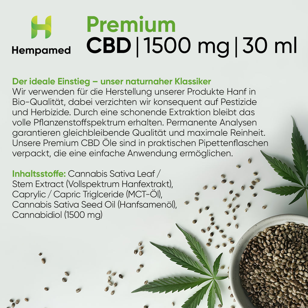 Infografik: Inhaltsstoffe Hempamed Premium CBD Öl 5% (30ml), Produktzusammensetzung im Detail.