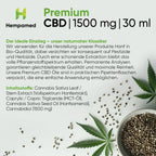 Infografik: Inhaltsstoffe Hempamed Premium CBD Öl 5% (30ml), Produktzusammensetzung im Detail.